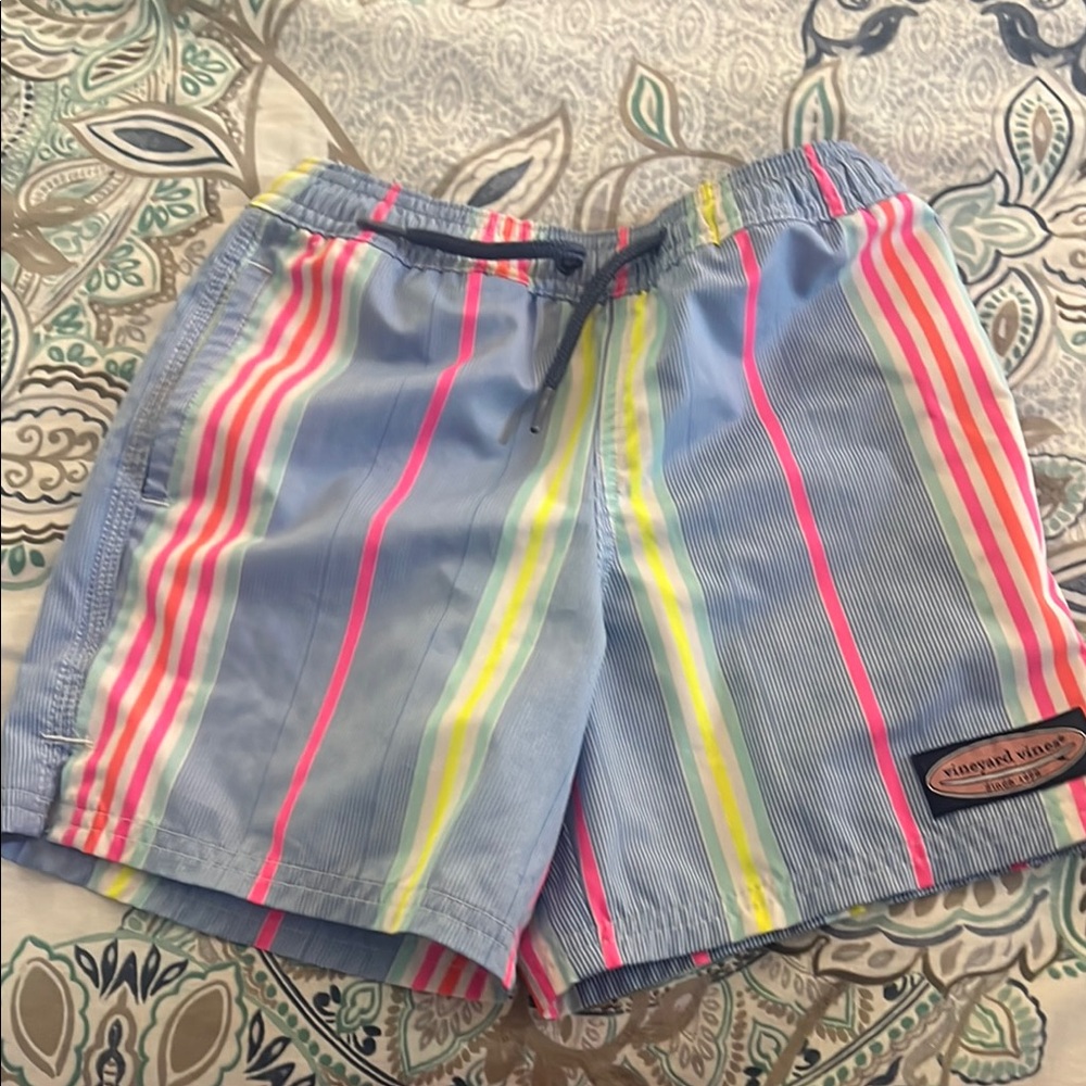 Vineyard Vines Kids Swim Trunks - Blue with Pink and Yellow Stripes size 6